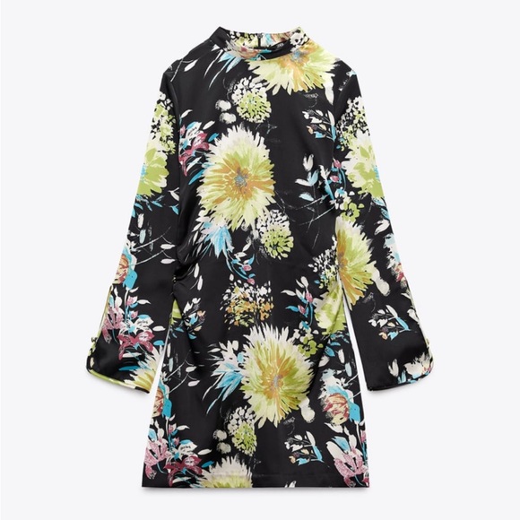 ZARA GATHERED PRINTED DRESS MULTICOLORED SIZE XS NWT - Picture 1 of 8